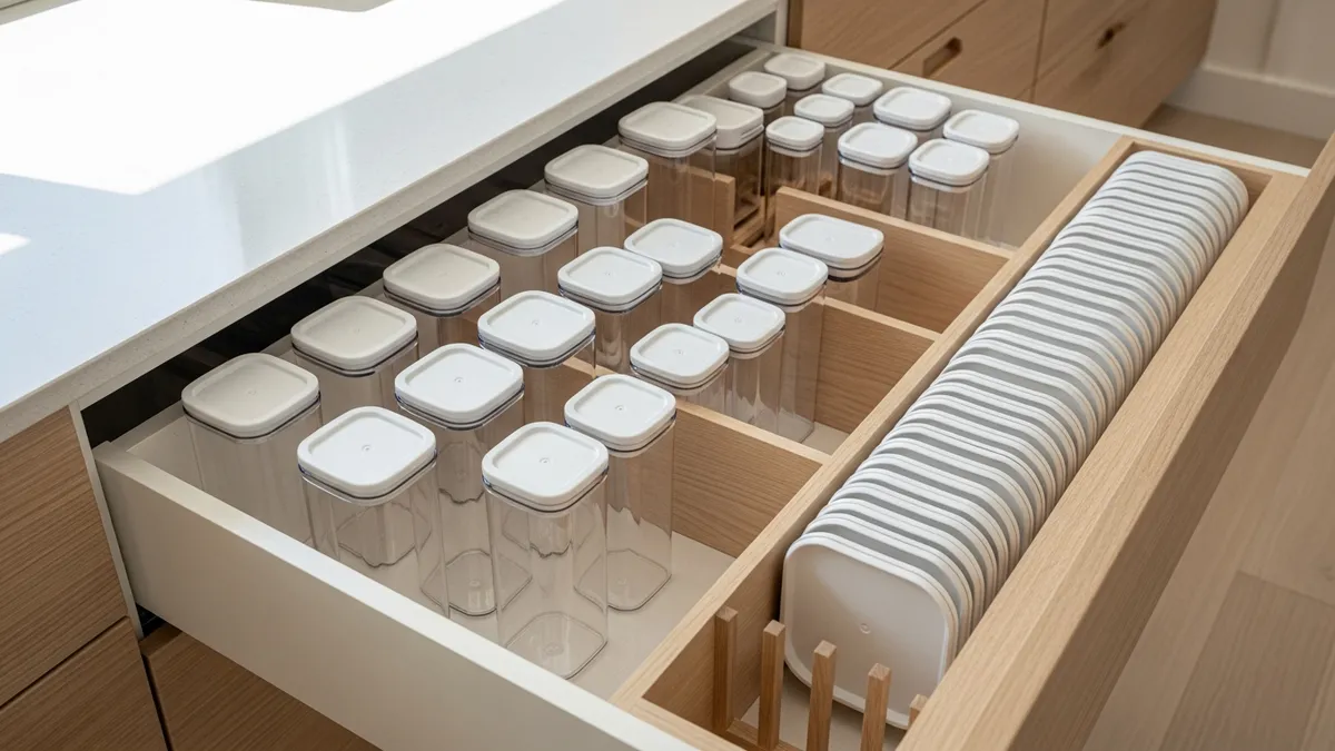 Kitchen drawer with divider insert organizing food storage containers and lids vertically for easy access