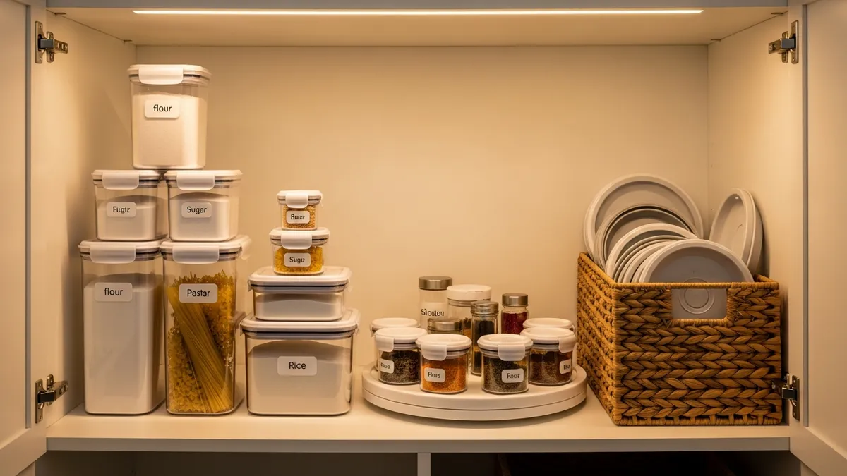 Pantry shelf with clear airtight food storage containers stacked by size with labels and a lazy susan organizer