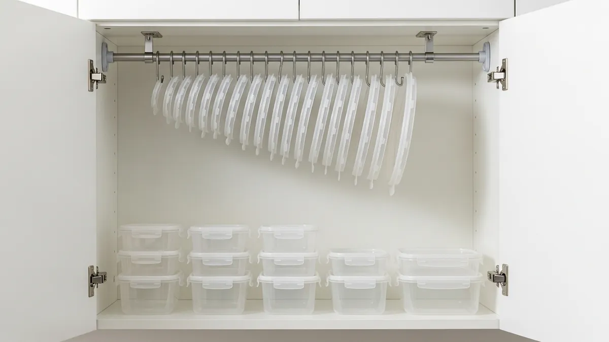 Cabinet door tension rod lid organizer for food storage container lids with matching containers stacked below