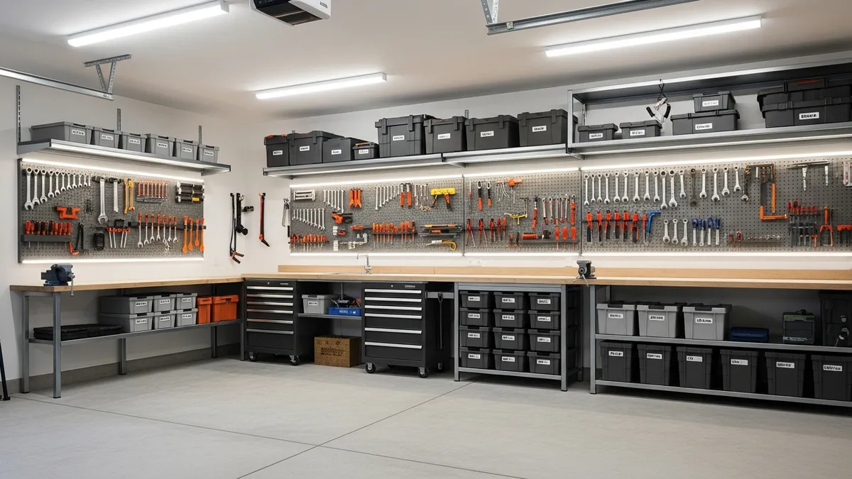 Modern organized garage with comprehensive storage garage solutions including wall shelves and storage containers