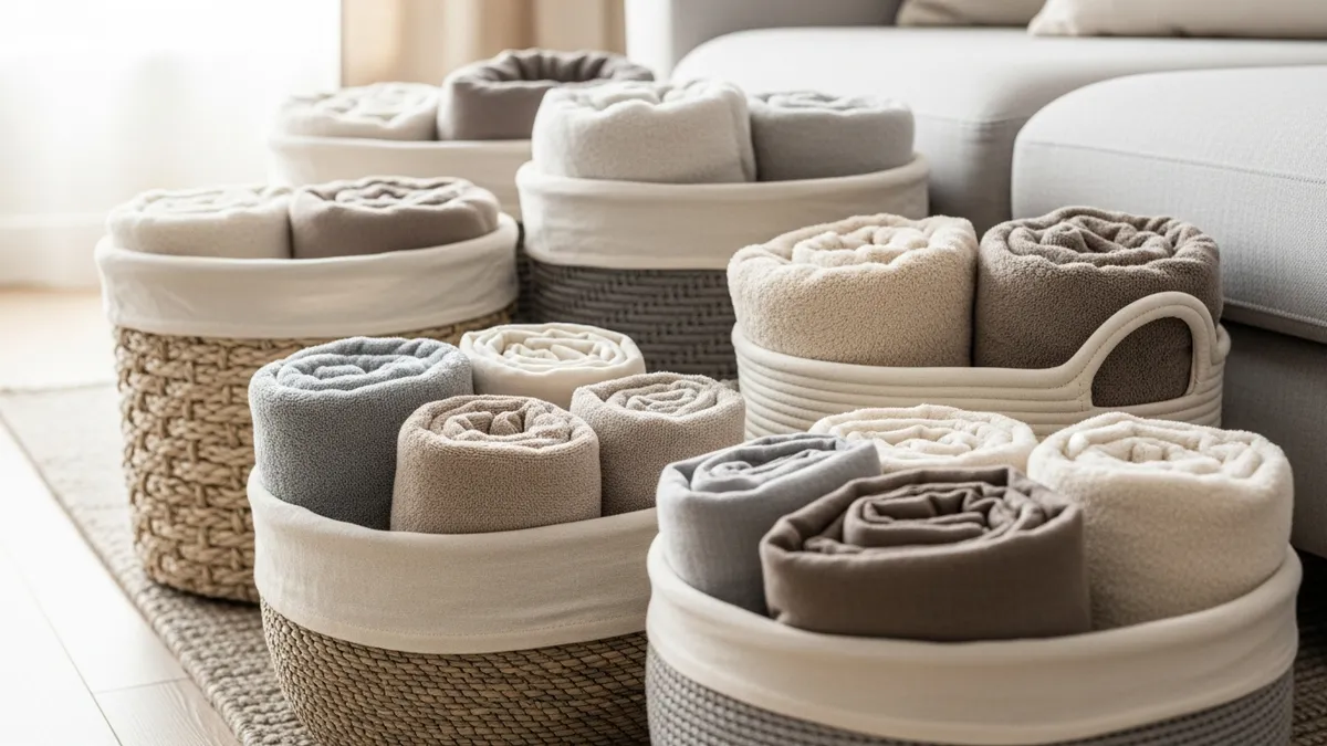 Wicker storage baskets containing folded blankets for living room organization