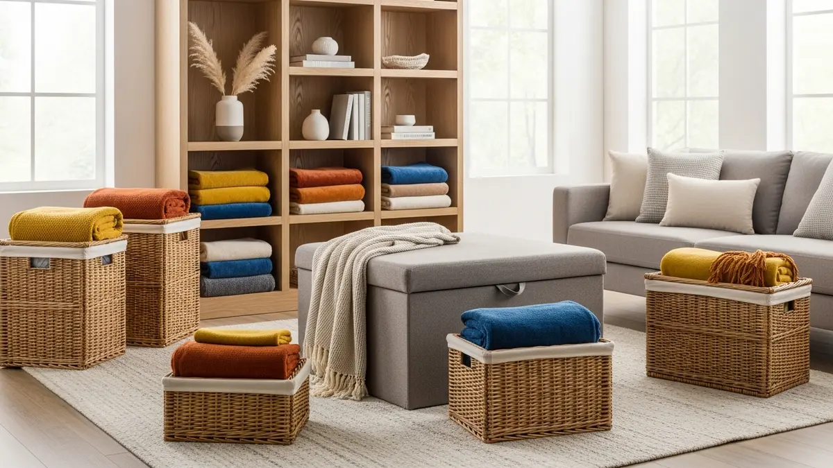 Creative blanket storage solutions in modern living room with baskets and ottomans