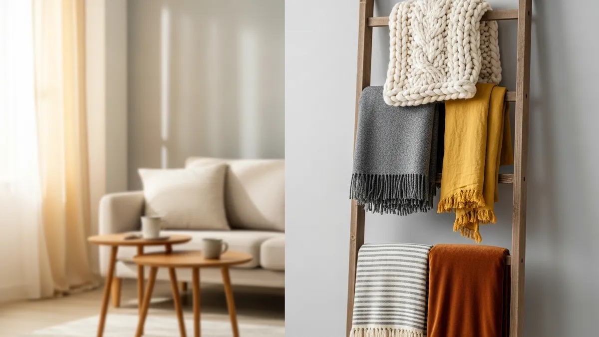 Decorative wooden ladder displaying throw blankets in minimalist living room