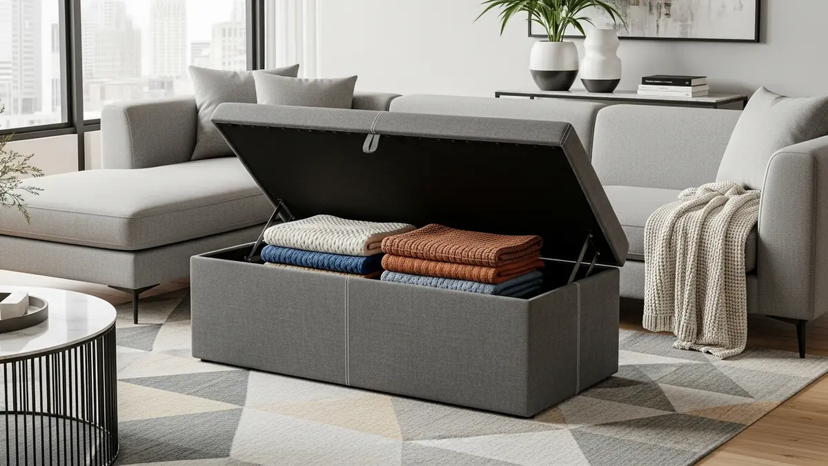 Storage ottoman with blankets inside for dual-purpose living room furniture