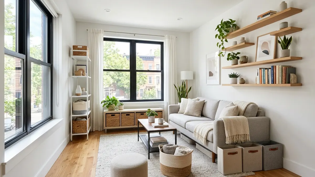 Bright small living space with floating shelves woven baskets and vertical storage solutions