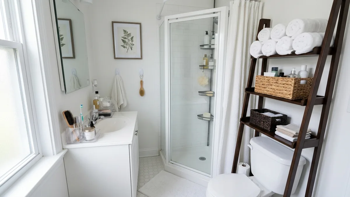 Compact bathroom with over toilet ladder shelf corner caddy and clear acrylic vanity organizers