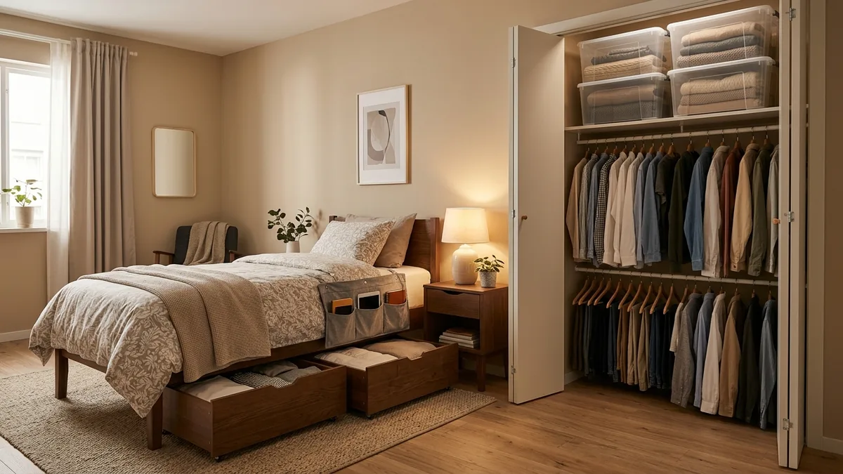 Small bedroom with under bed rolling drawers double hanging rods and stackable clear bins in closet