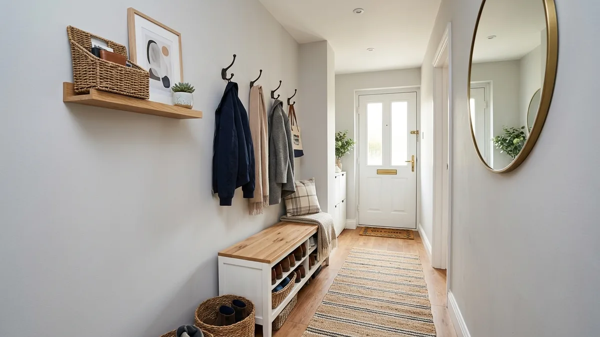 Narrow entryway with slim shoe cabinet bench wall mounted hooks and floating shelf with basket