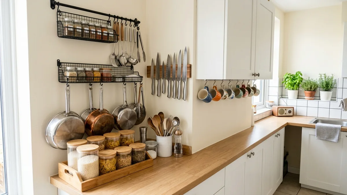 Small kitchen with wall mounted wire racks magnetic strip and countertop jar organizers