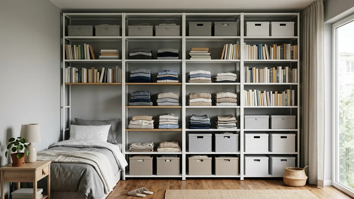 Tall modular open shelving unit with labeled storage boxes and folded clothes in a small bedroom