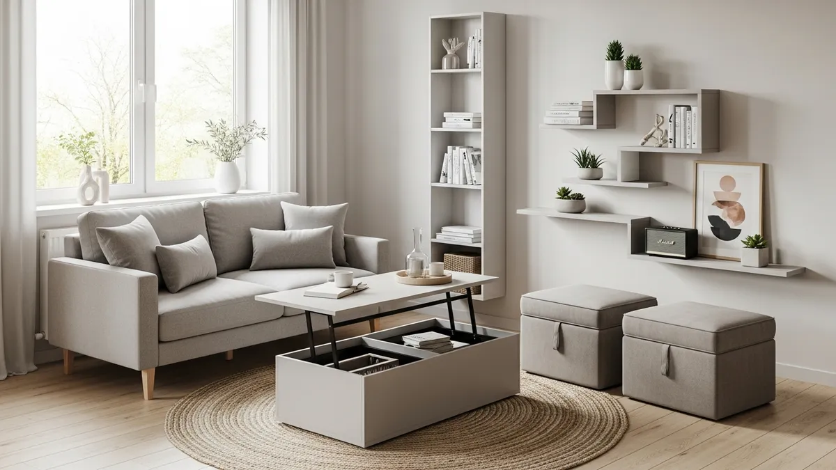Creative storage ideas for small space featuring vertical shelving and multi-functional furniture in modern apartment