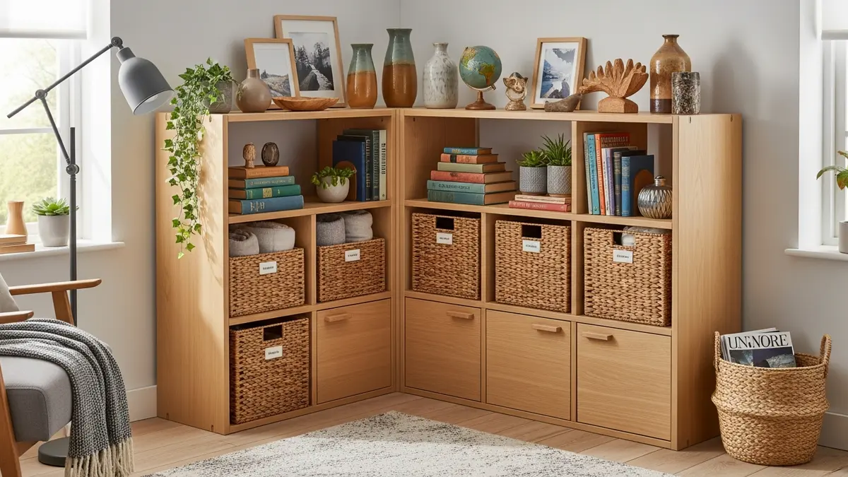 Corner storage unit maximizing unused space in living room with baskets and shelves