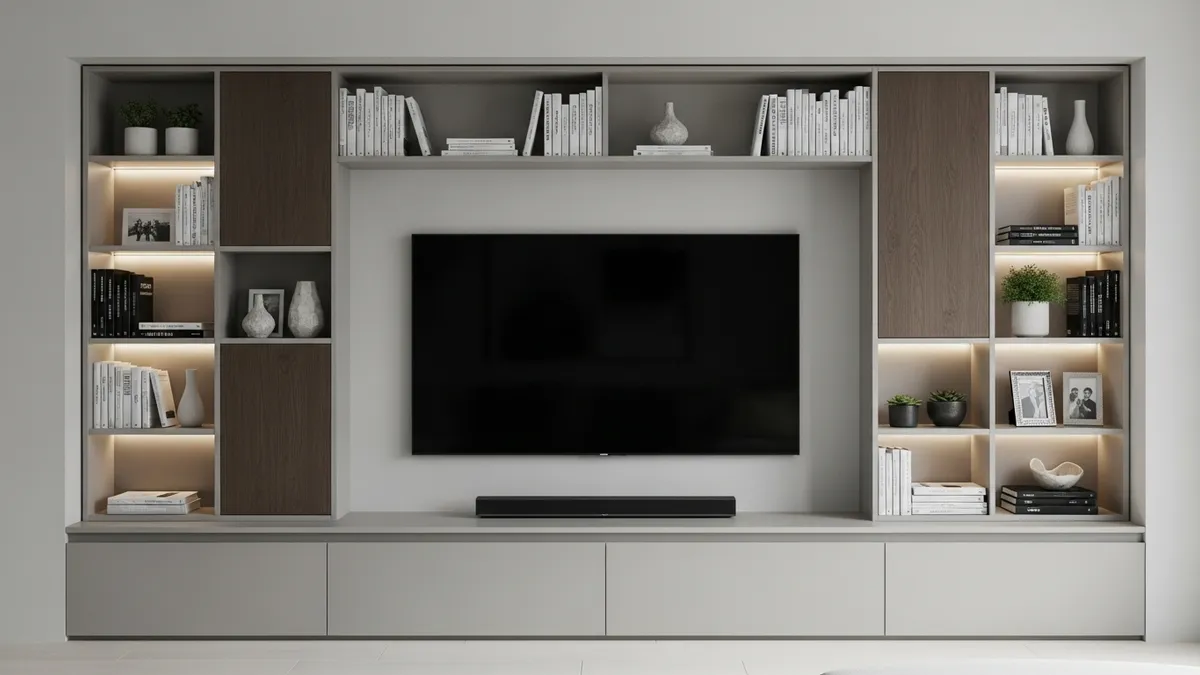 Organized entertainment center with built-in storage for media and decorative items