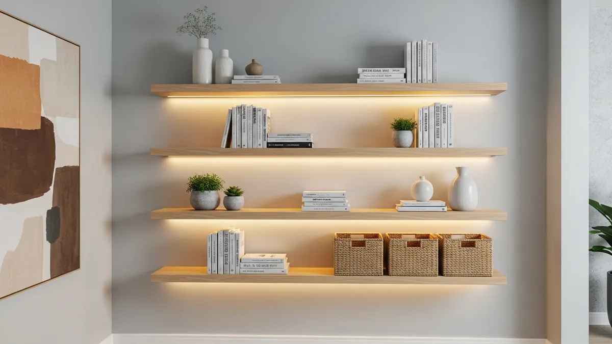 Floating wall shelves displaying books and decorative storage solutions in living room