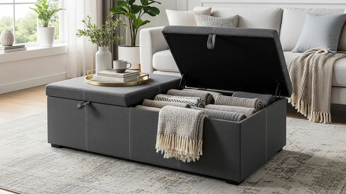 Storage ottoman with hidden compartment open revealing organized blanket storage