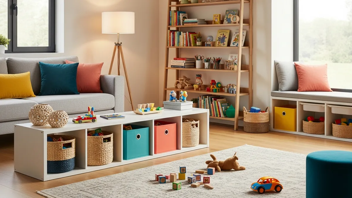 Creative toy storage solutions in modern living room with organized baskets and shelves