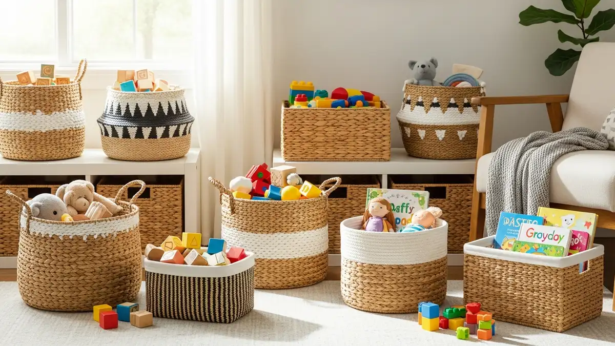 Decorative storage baskets for toy organization in living room