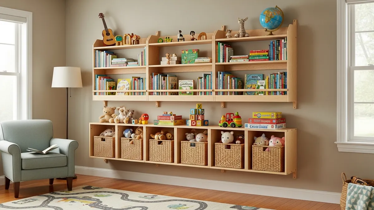 Wall-mounted toy storage shelves and organizers in family living room