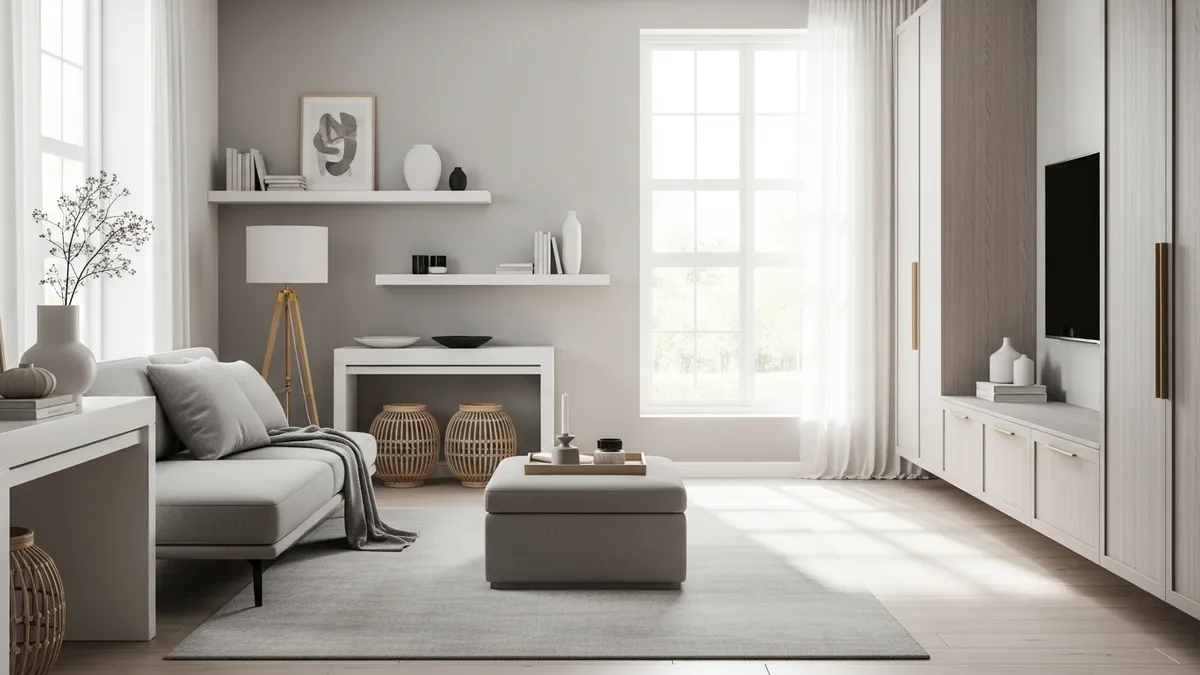 Modern living room with smart storage ideas including floating shelves and storage ottoman