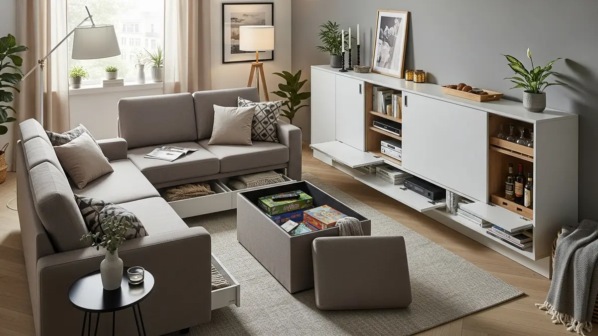 Hidden storage solutions in modern living room design