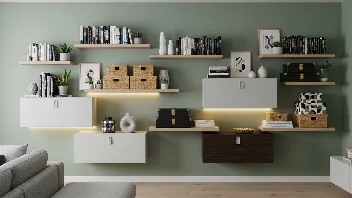 Creative wall storage solutions for living room spaces