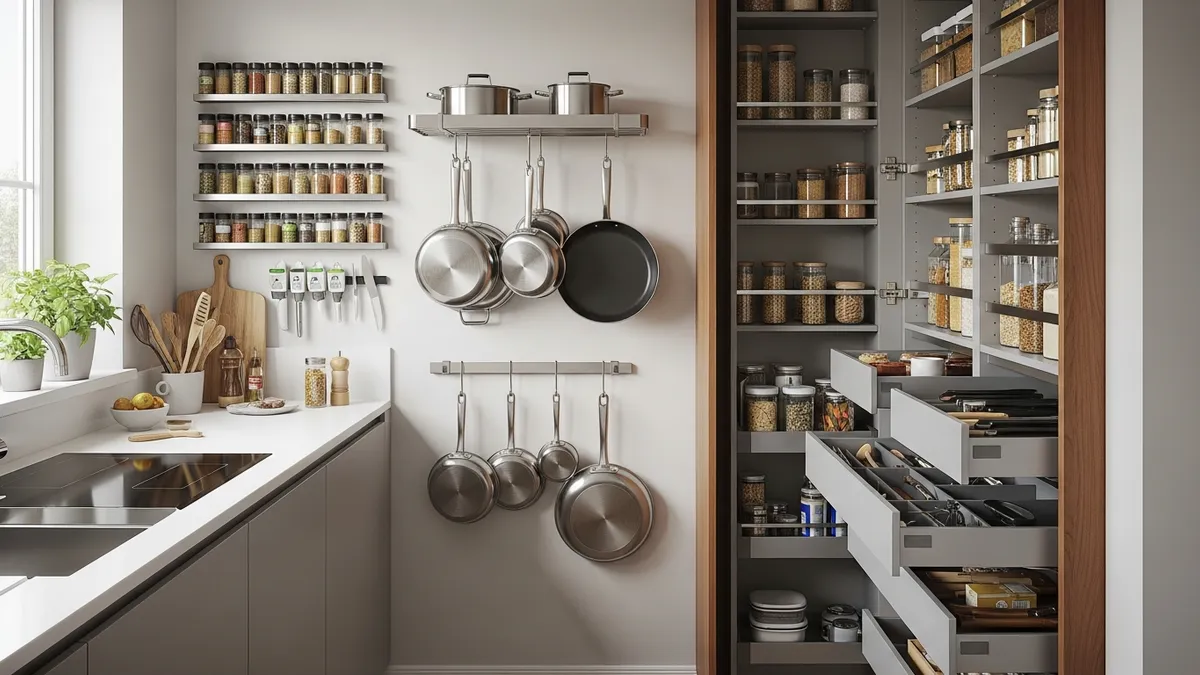 Small kitchen with creative storage ideas including magnetic racks and pull-out organizers