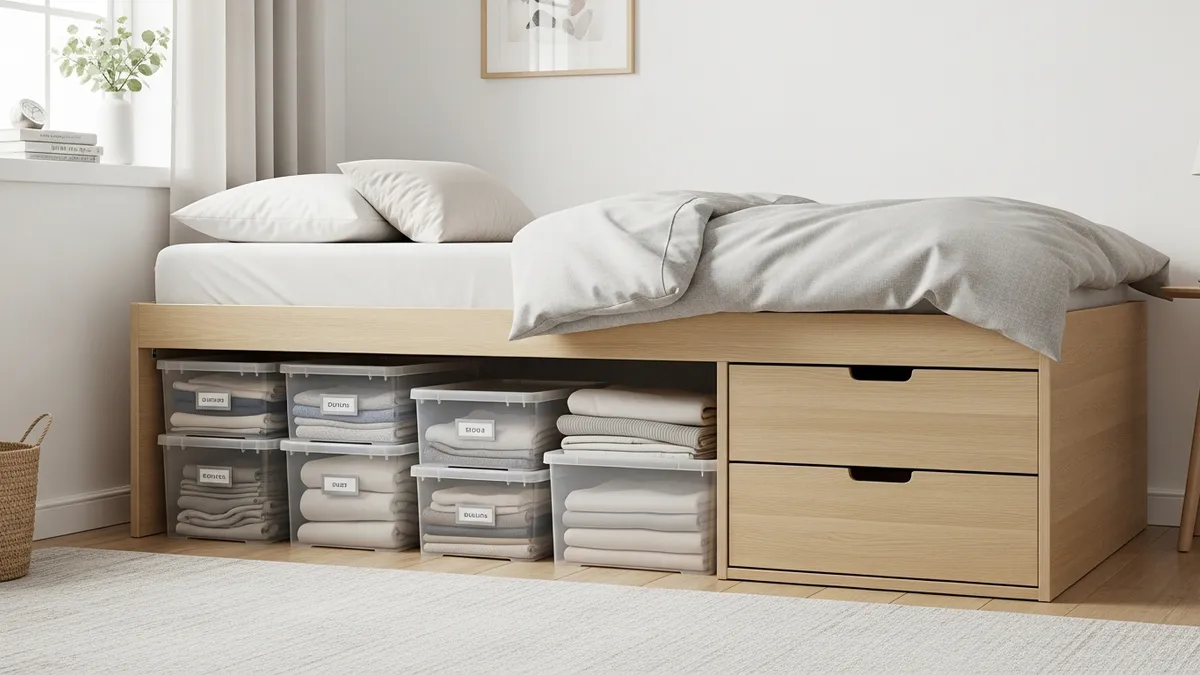 Under bed storage containers and drawers maximizing small bedroom space