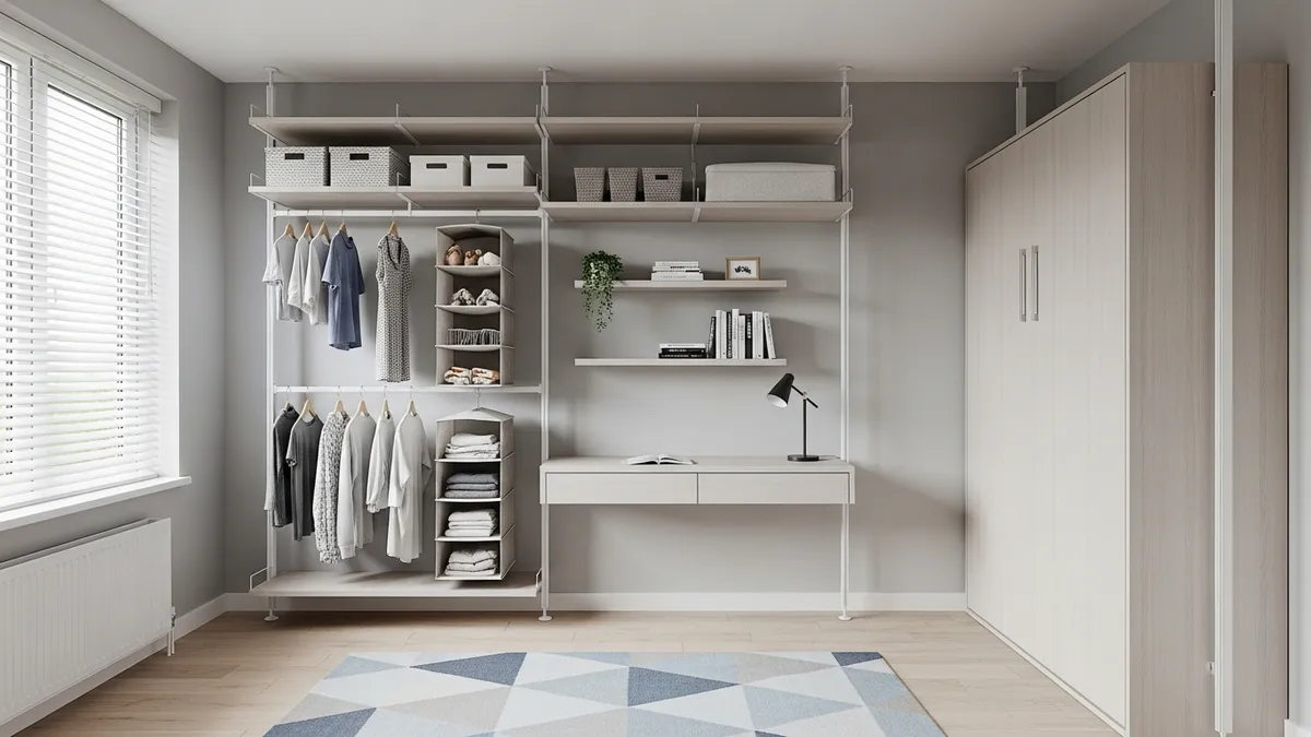 Vertical storage solutions for small bedroom with wall-mounted shelves and hanging organizers