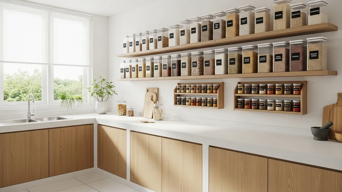 Kitchen storage organizer ideas with clear containers and wall-mounted spice rack