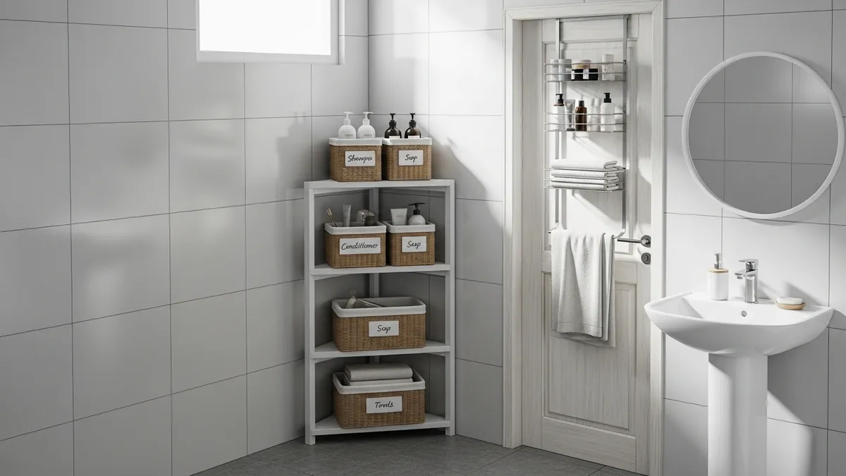 Bathroom storage organizer ideas with corner shelf and toiletry baskets