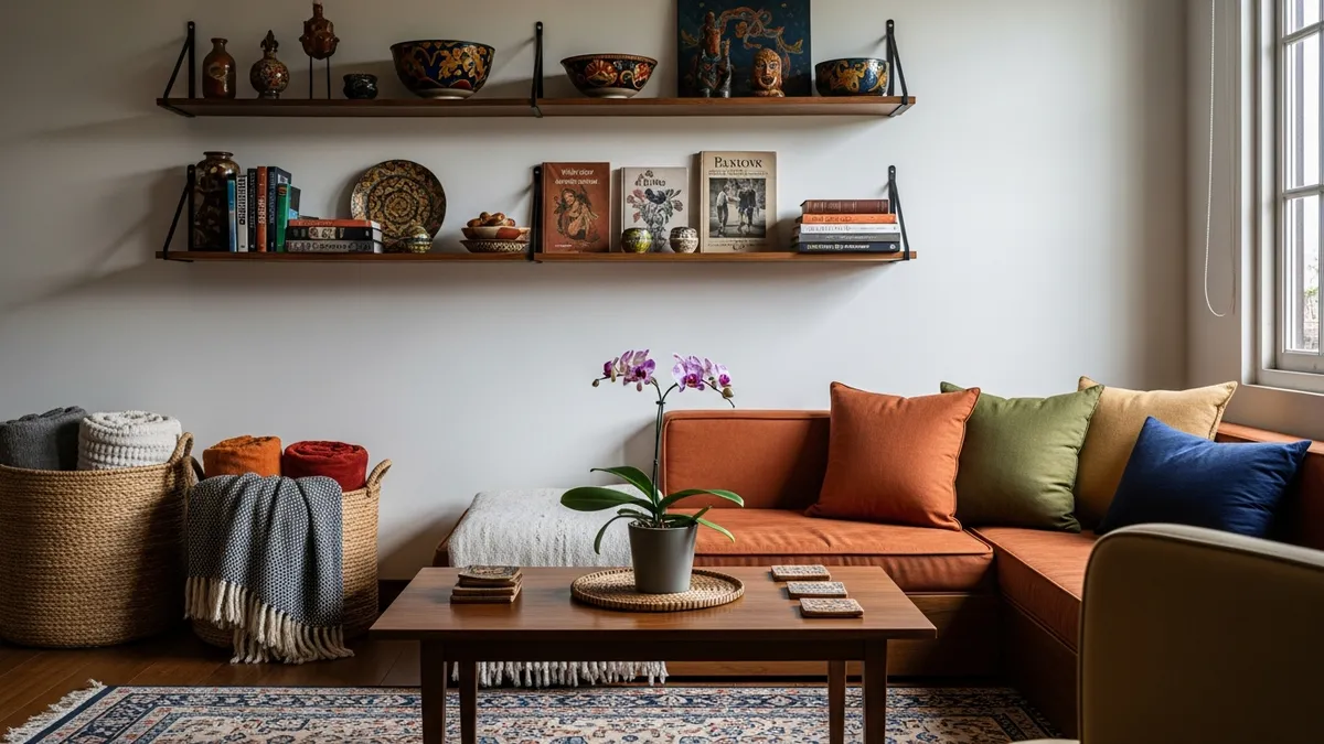 Living room storage organizer ideas with floating shelves and woven baskets