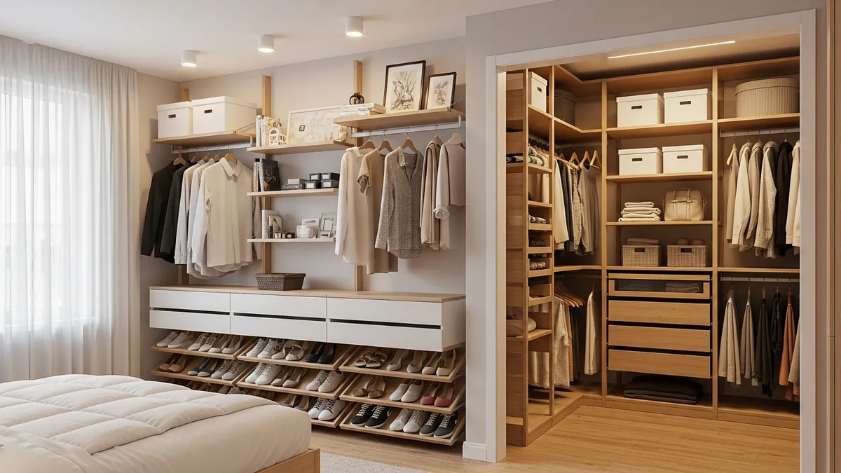 Bedroom storage racks organizing clothes shoes and personal items