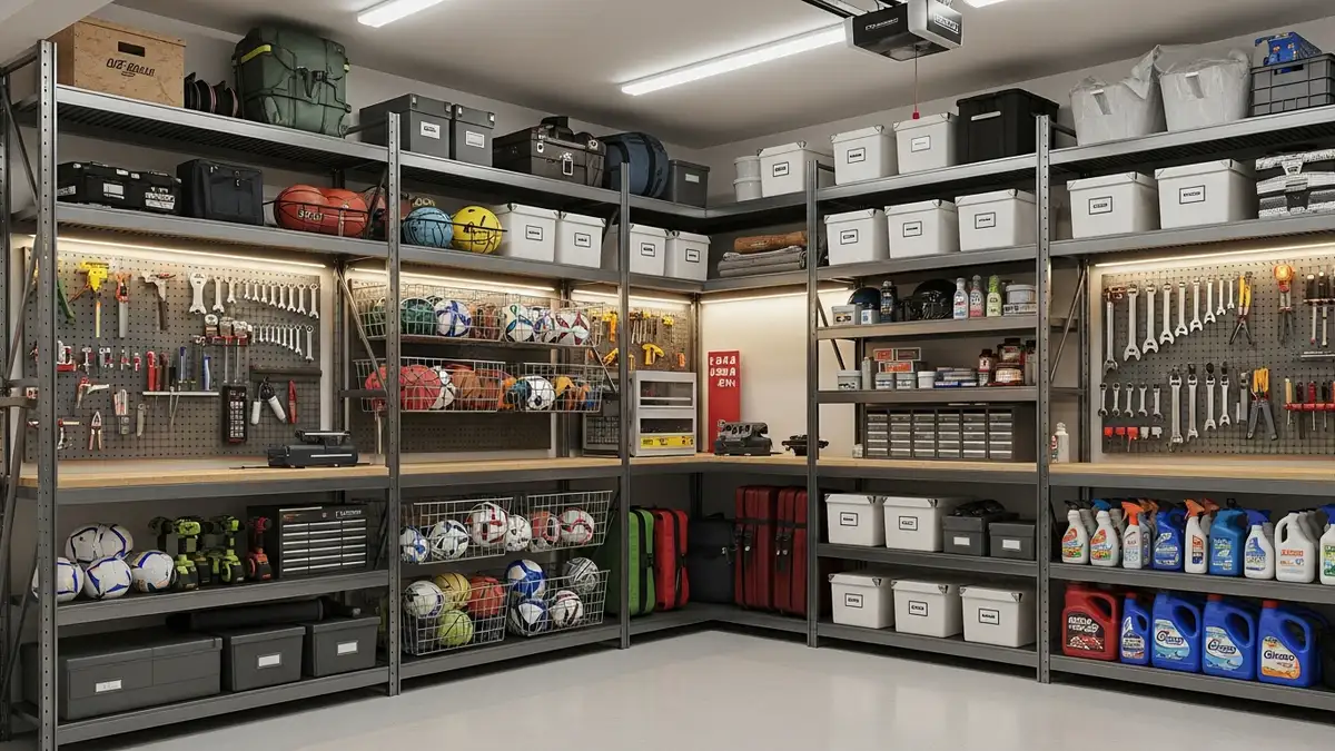 Garage storage racks organizing tools equipment and seasonal items
