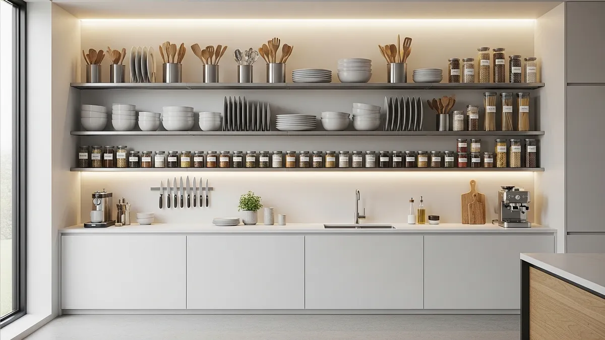 Kitchen storage racks organizing dishes utensils and pantry items