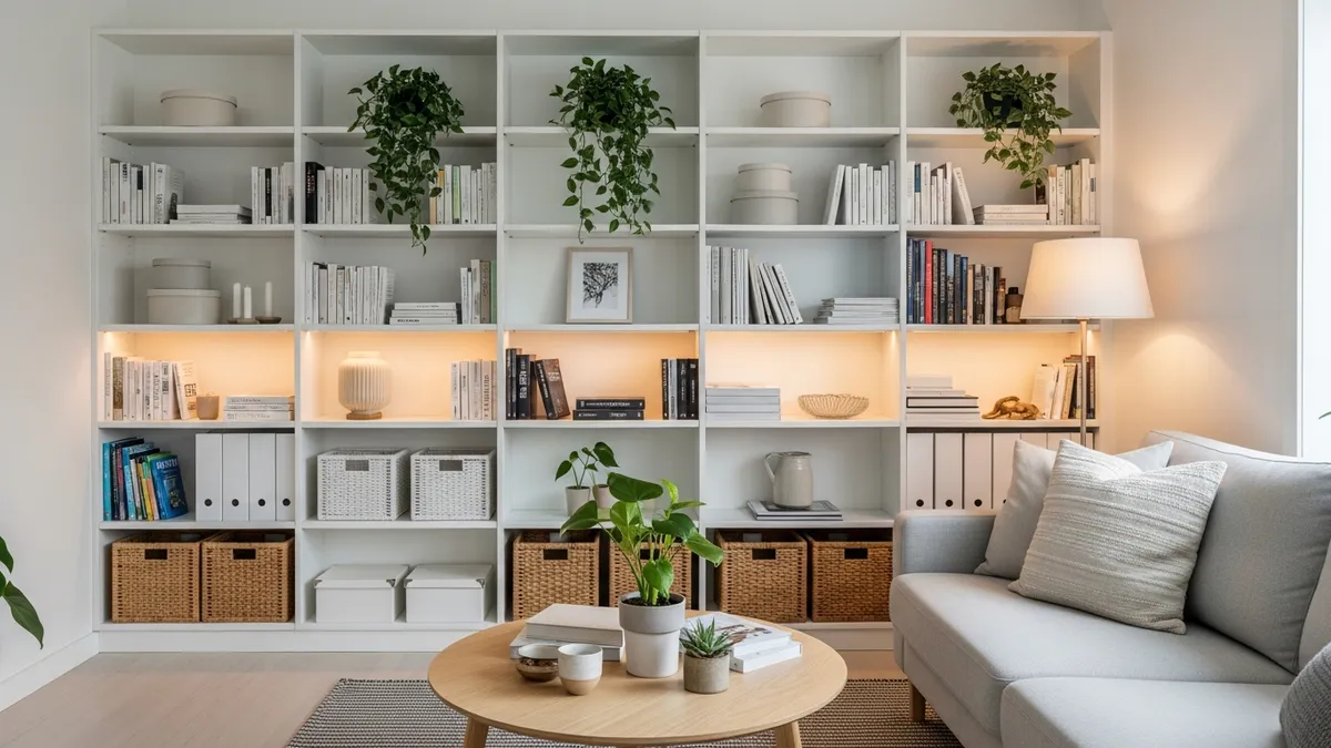 Modern storage shelving ideas for a tidy and aesthetic living room with open shelves and organized decor