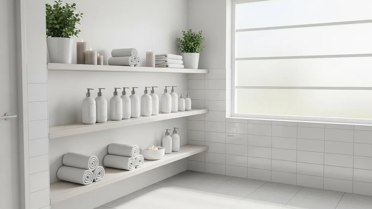 Bathroom storage shelving ideas with wall-mounted open shelves for toiletries and towels