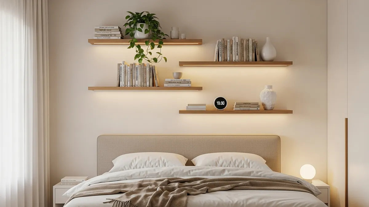 Bedroom storage shelving ideas with wall-mounted shelves above the headboard for books and decor