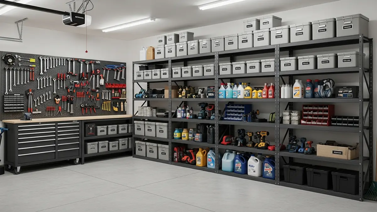 Garage storage shelving ideas with heavy duty metal shelves and labeled storage boxes