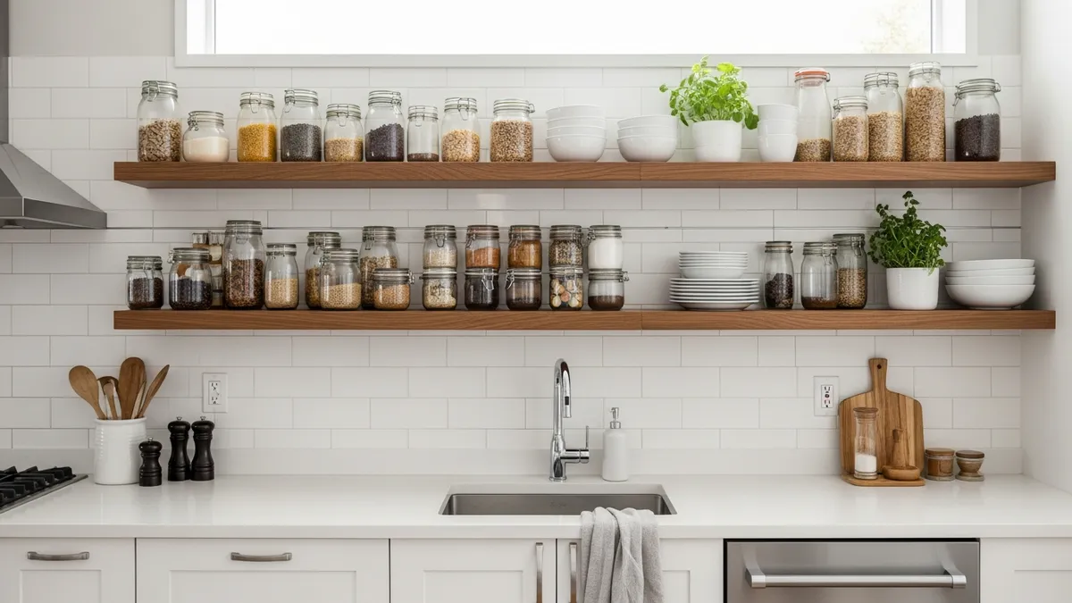 Kitchen storage shelving ideas with open floating shelves for spices, jars, and plates