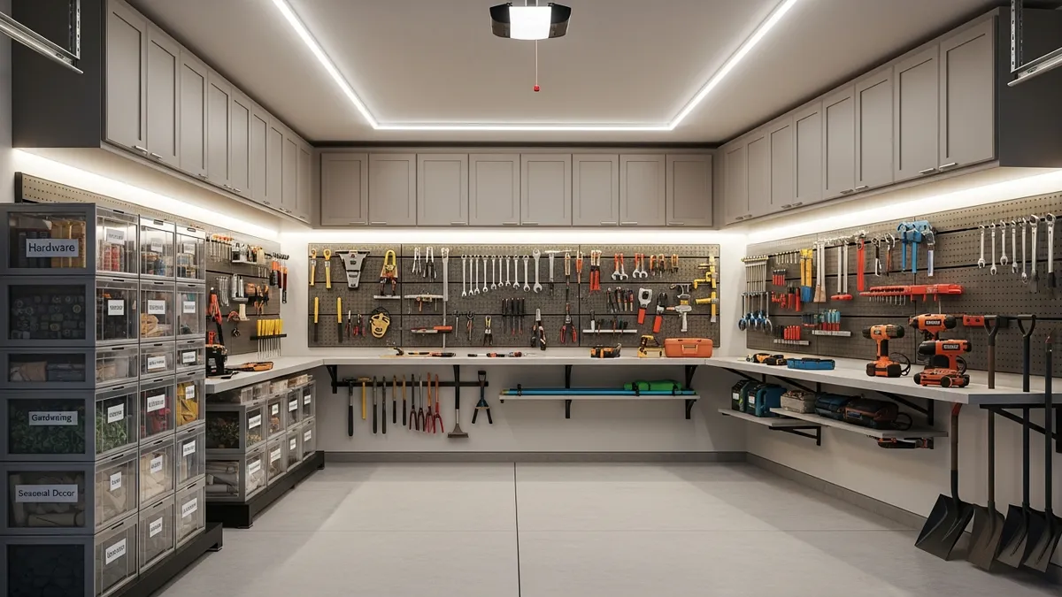 Organized garage with comprehensive storage solutions including wall systems and overhead storage