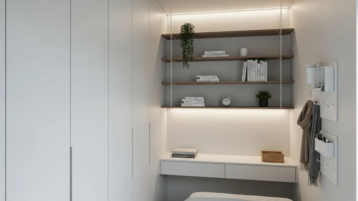Vertical storage solutions maximizing wall space in small bedroom