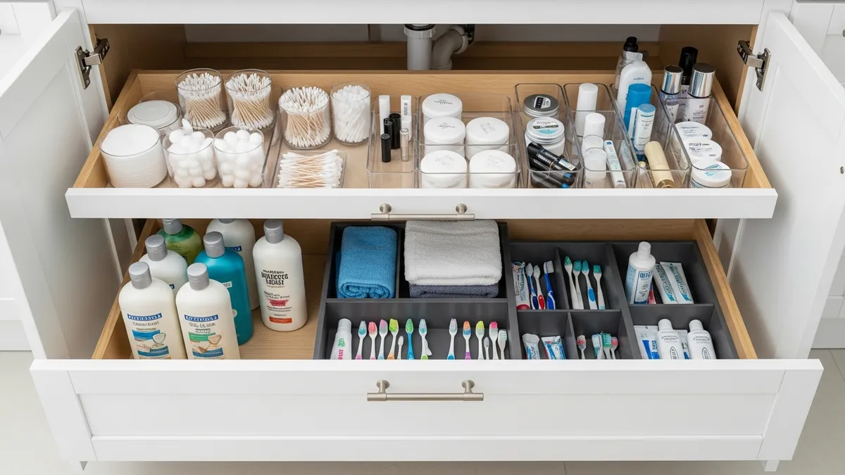 Under-sink cabinet storage solutions for bathroom with organized drawers and containers