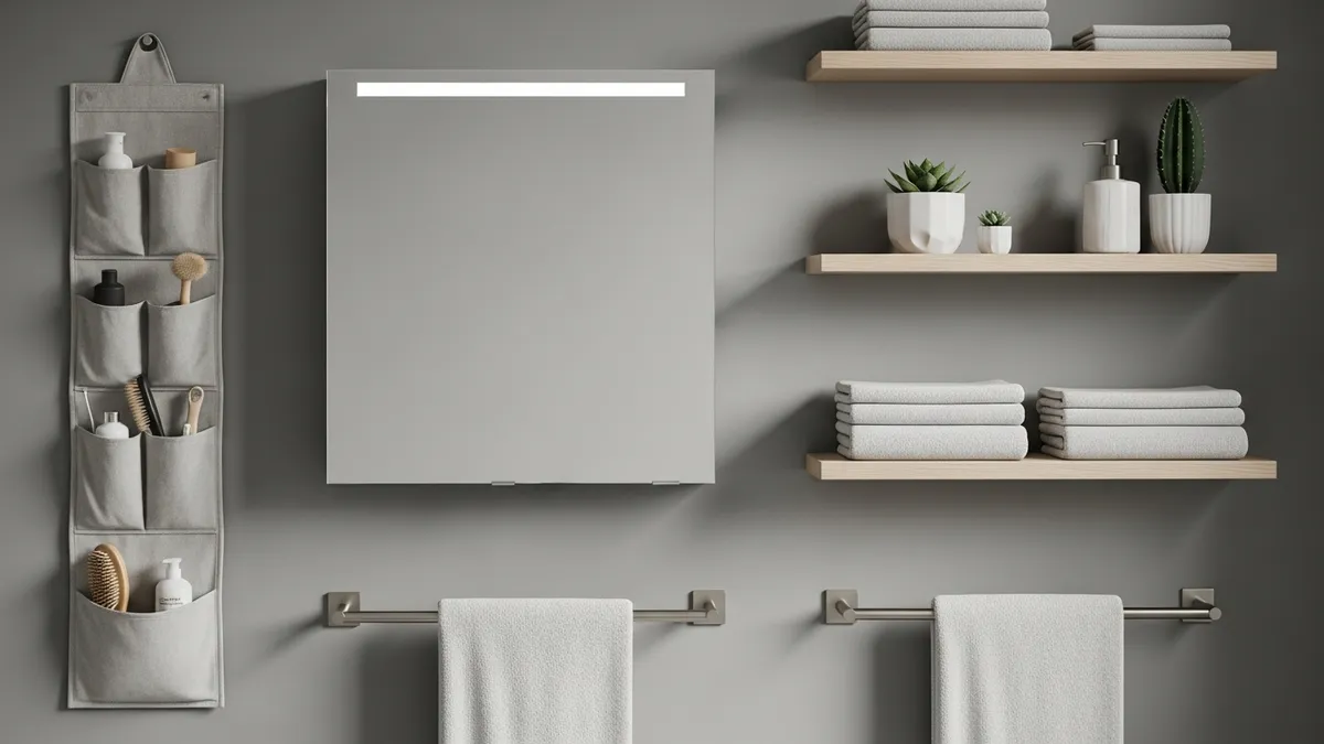 Wall-mounted storage solutions for bathroom including shelves and hanging organizers