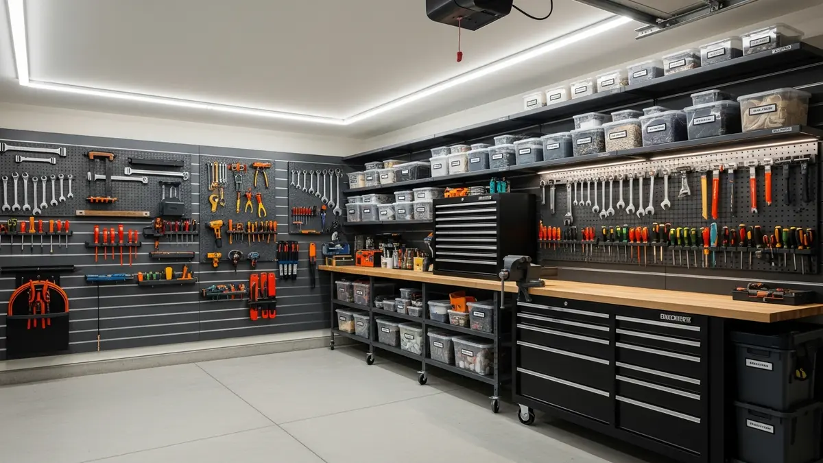 Well-organized garage with storage solutions including wall shelves, tool organizers, and labeled storage containers