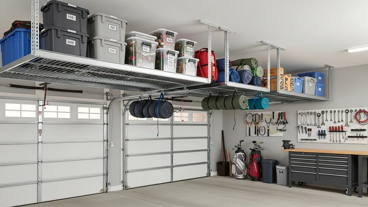 Overhead garage storage racks maximizing vertical space for seasonal storage containers