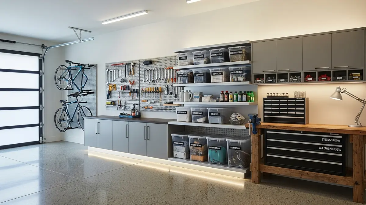 Garage storage cabinets with clear bins and labeled containers for household organization