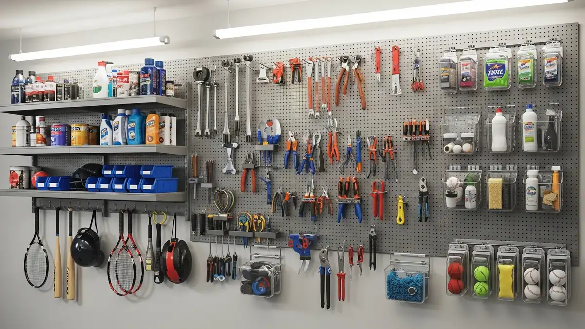 Garage wall storage solutions featuring pegboard system with organized tools and equipment