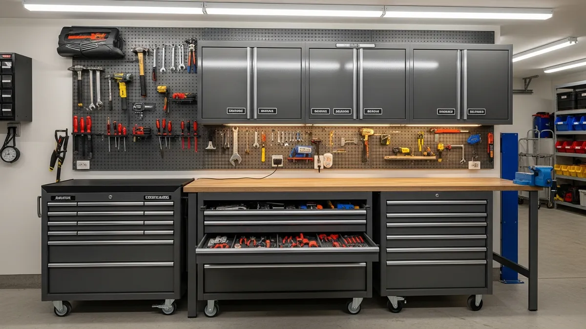Garage workbench with integrated storage cabinets and organized tool storage systems