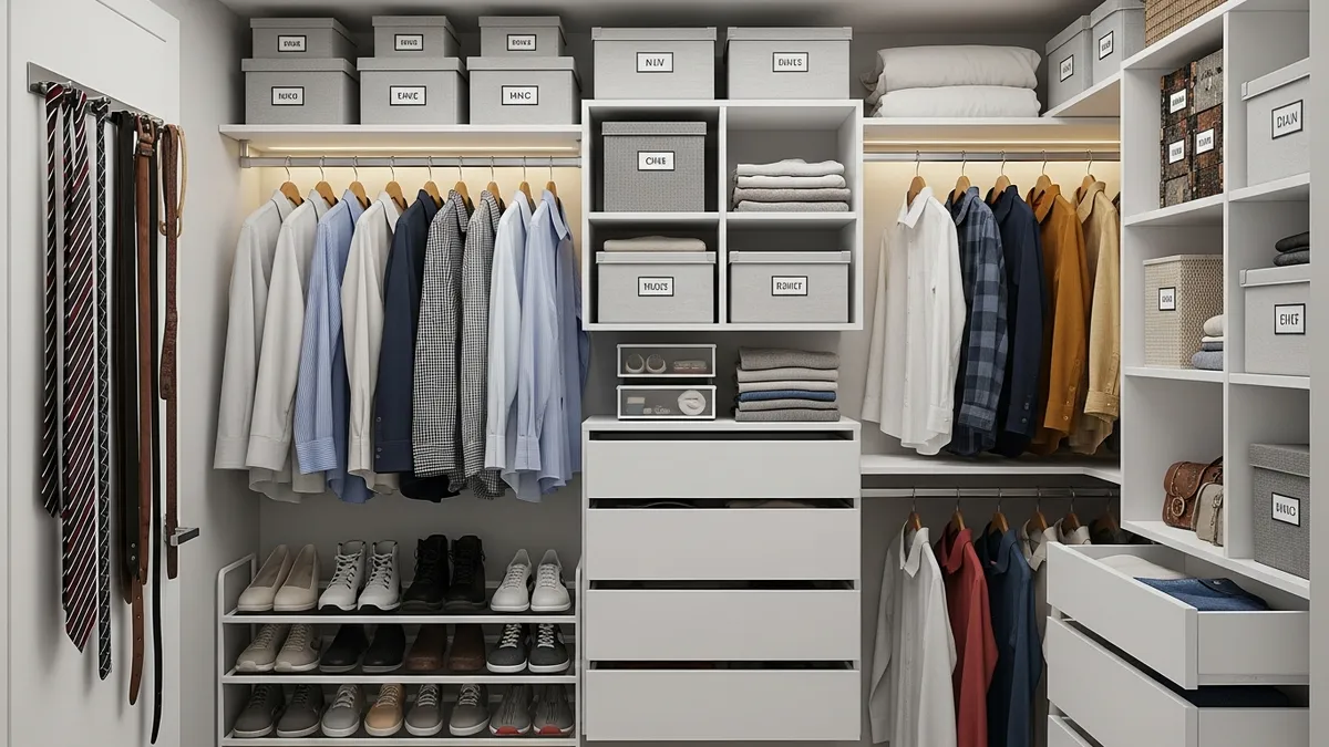 Small bedroom closet organization with hanging systems and storage containers maximizing wardrobe space