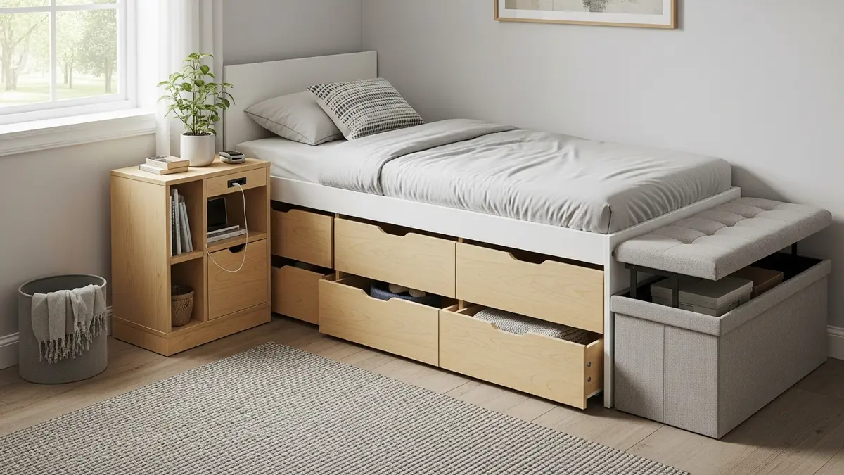 Multi-functional storage furniture for small bedroom including storage ottoman and bed with built-in drawers